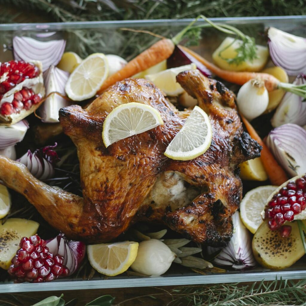 From above of traditional Christmas roasted chicken with lemons carrots and garnet in glass plate on served table decorated with coniferous twigs