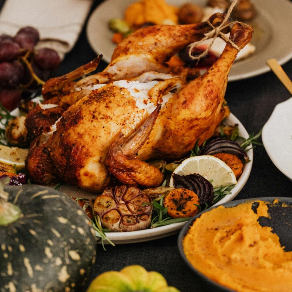 Roasted Turkey on White Ceramic Plate