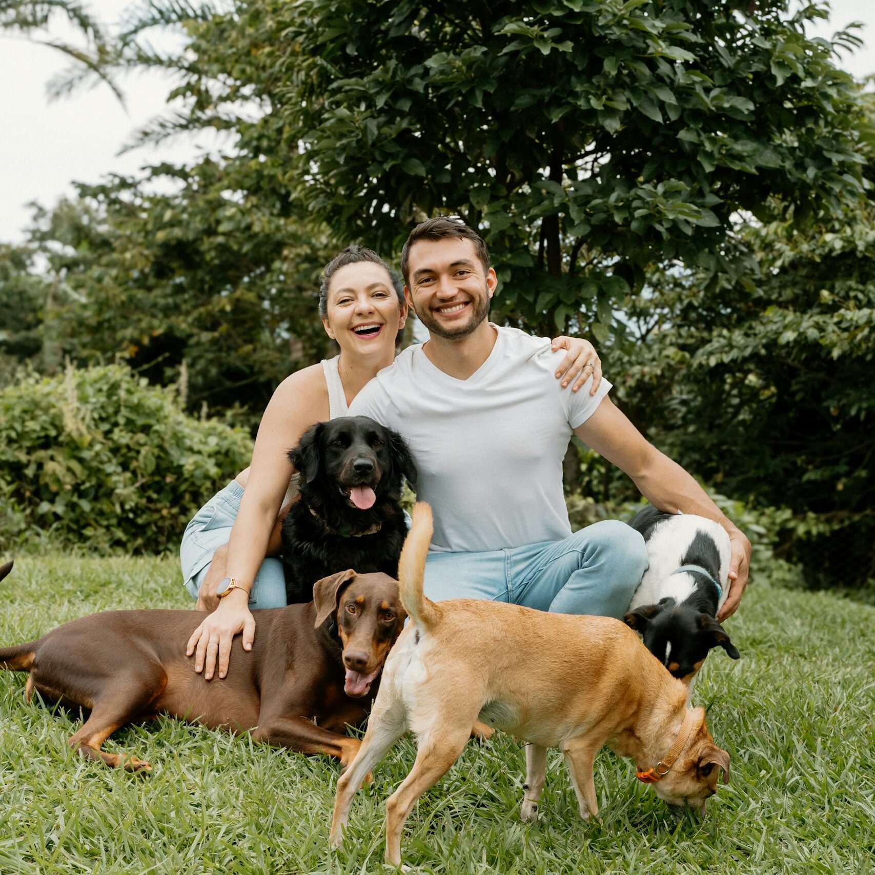 A joyful couple enjoying outdoors with their dogs in lush Costa Rica.