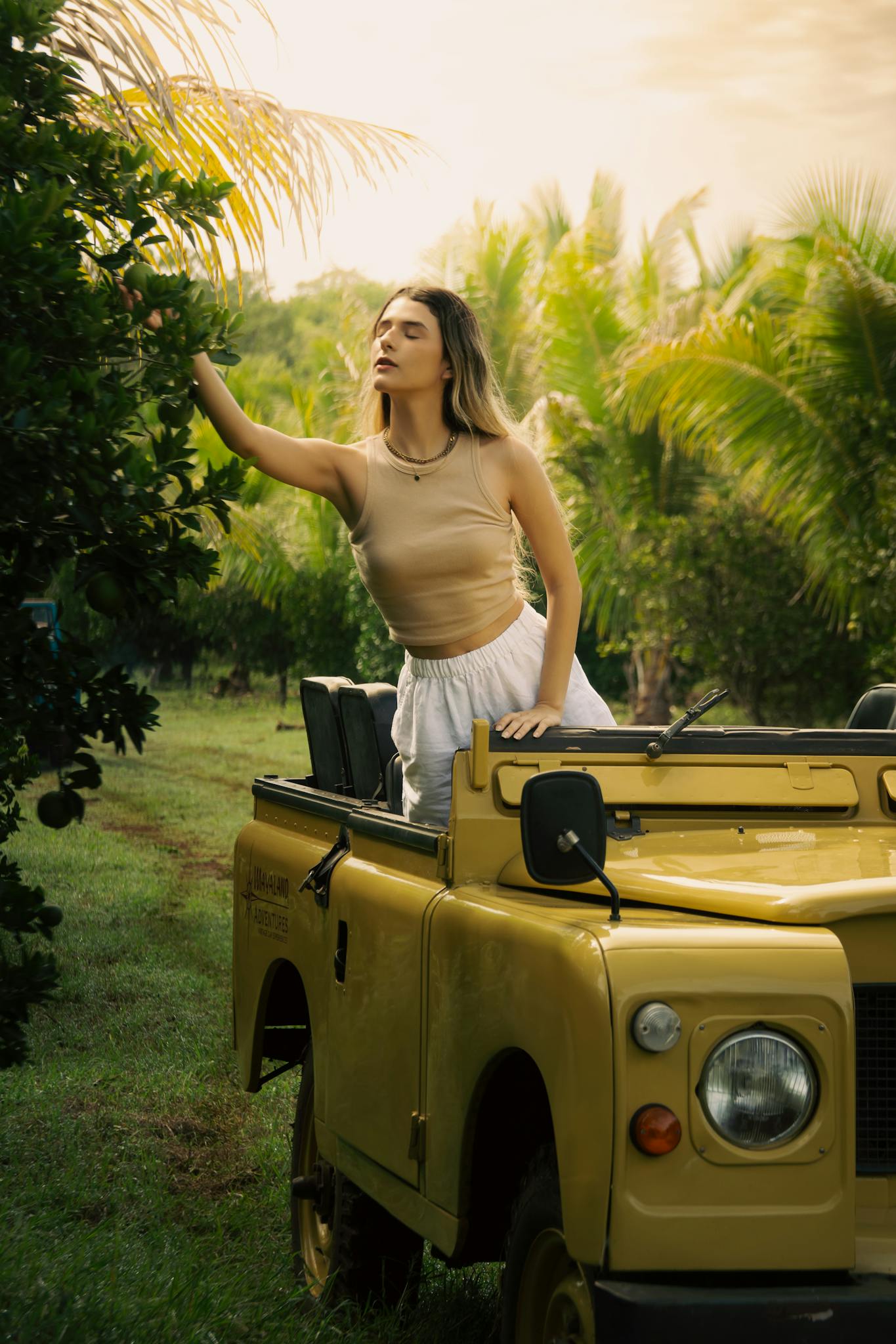 Woman beside a vintage yellow jeep reaching out towards leaves in a tropical setting.