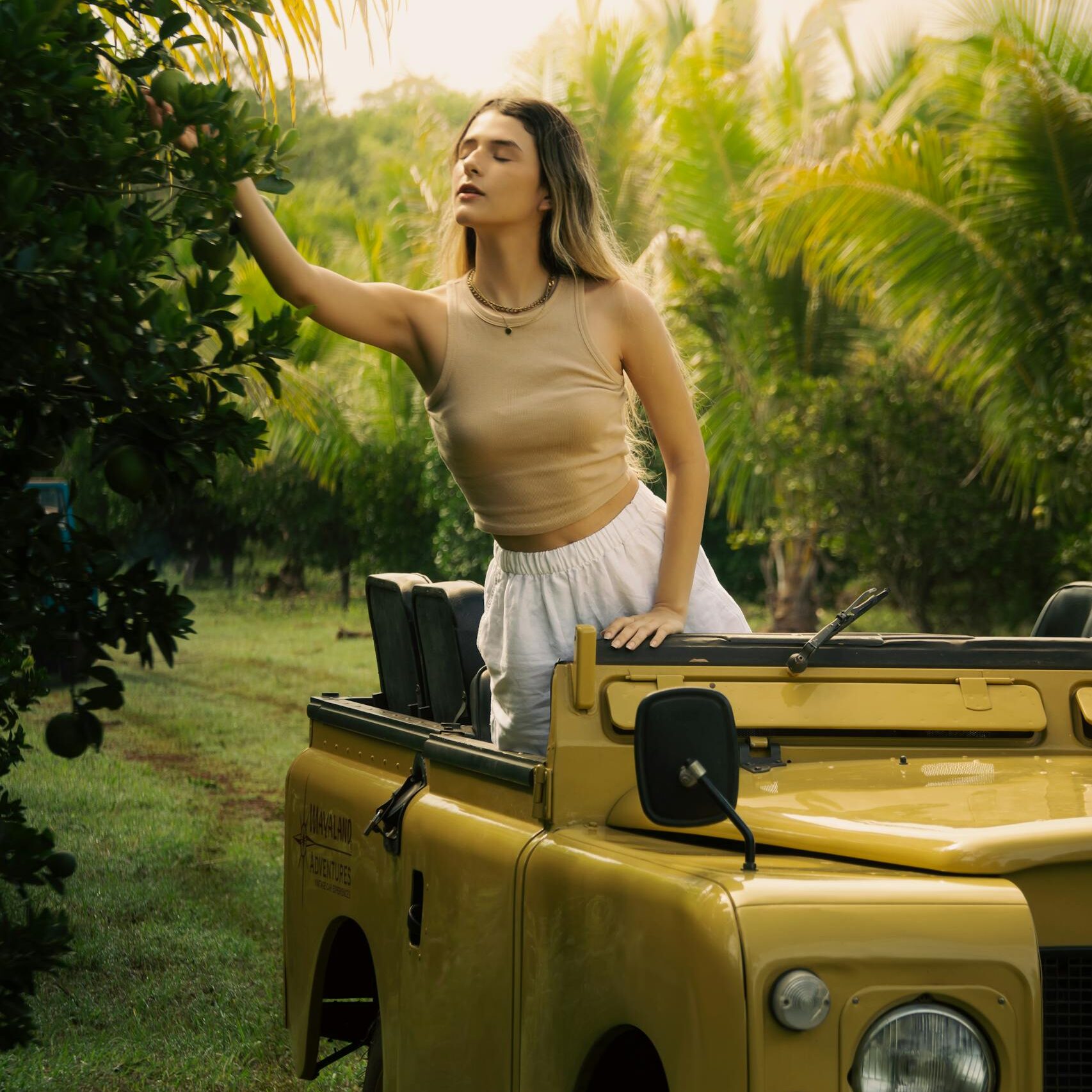 Woman beside a vintage yellow jeep reaching out towards leaves in a tropical setting.