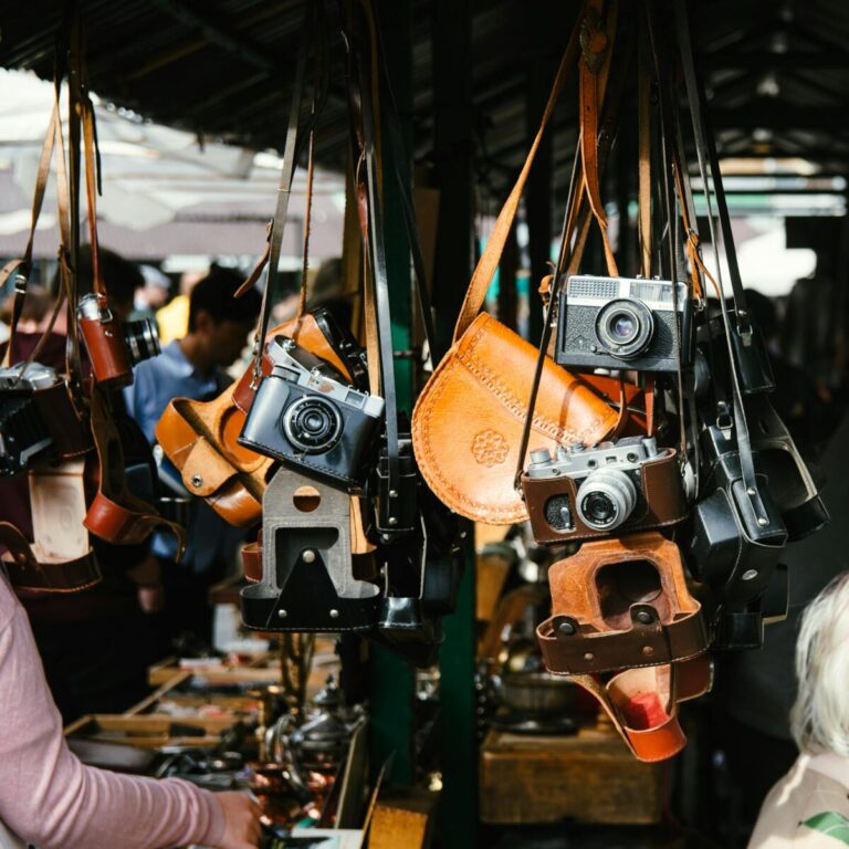 Hanging vintage cameras at an outdoor market in Kraków, Poland. Photo by Kai Pilger
