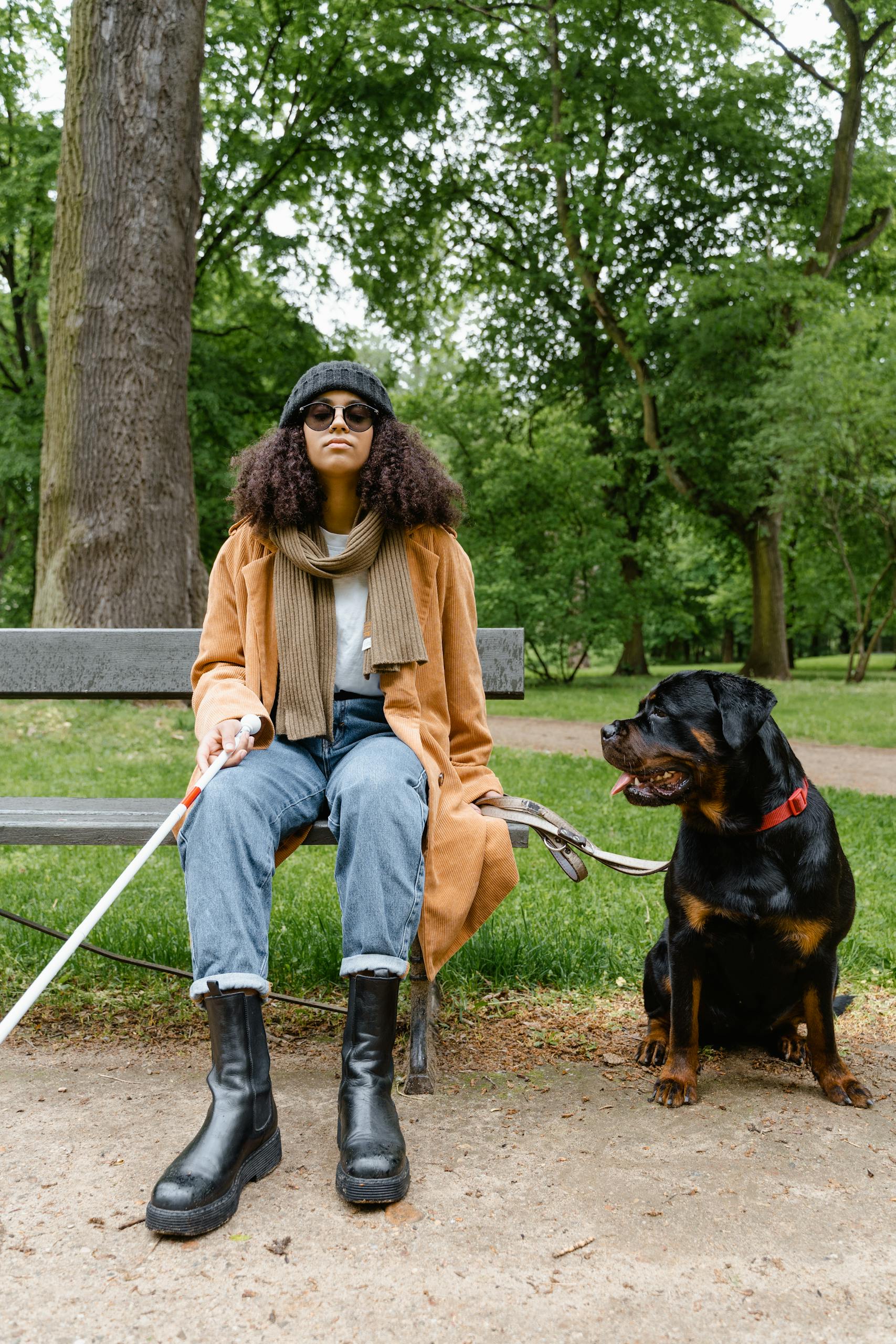 Blind woman with guide dog and walking stick sitting on a bench outdoors.