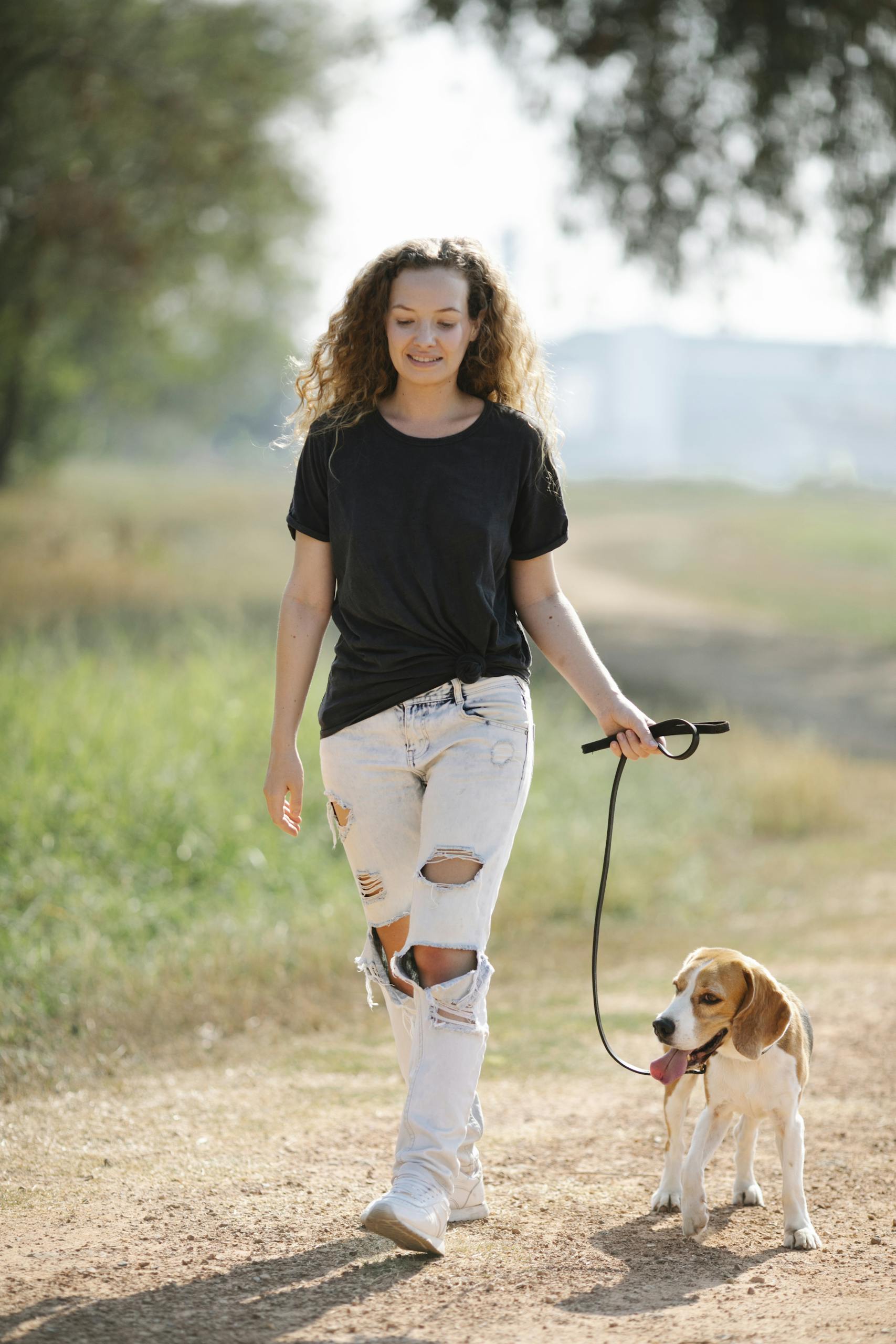 Full body of positive female owner walking with Beagle with tongue out on path in countryside