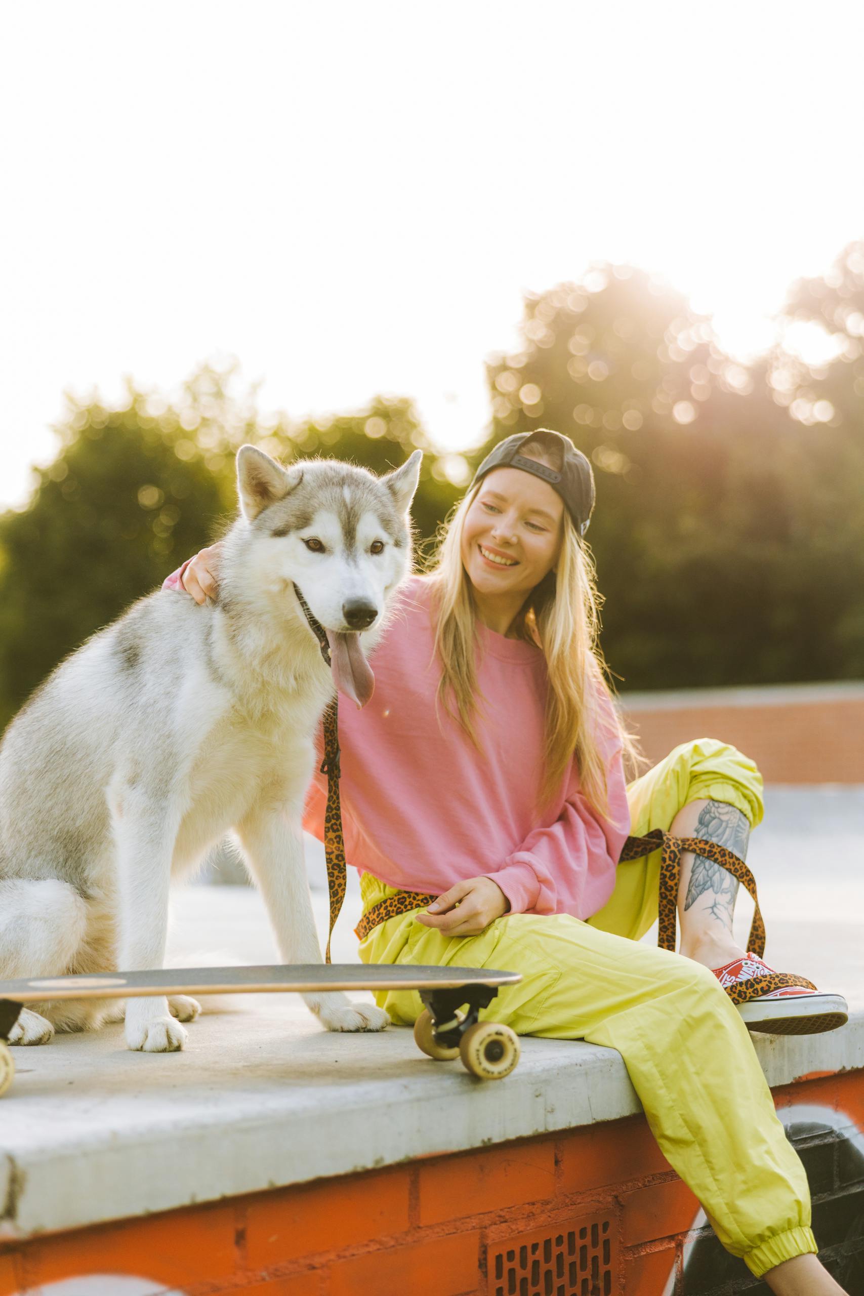 Smiling young woman with a husky on a skateboard at a skatepark during sunset.