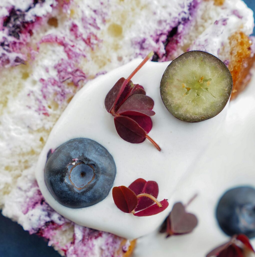 Detailed close-up of a blueberry cake slice topped with yogurt and garnished with fresh blueberries.