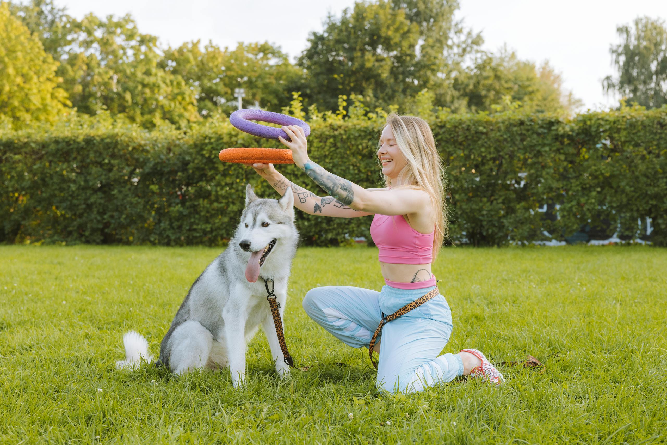 Woman enjoying a playful moment with her husky dog outdoors in a sunny park setting.